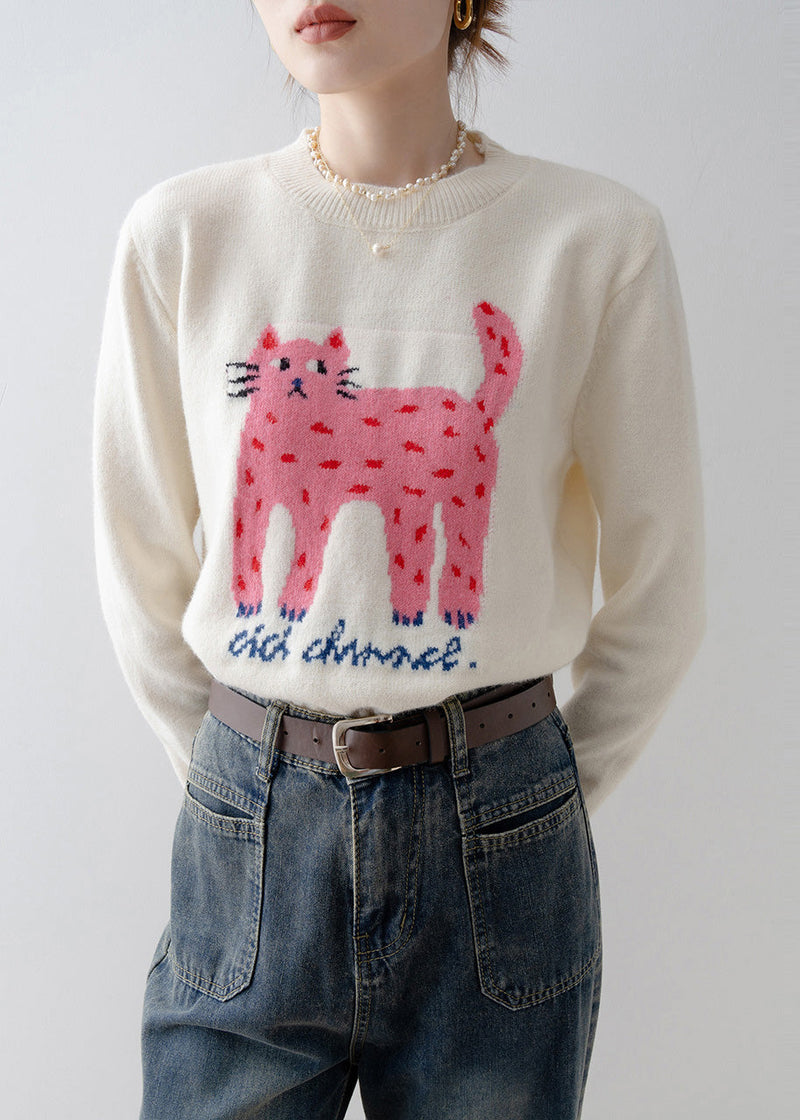 White Cat Jacquard Thick Sweater Tops Winter