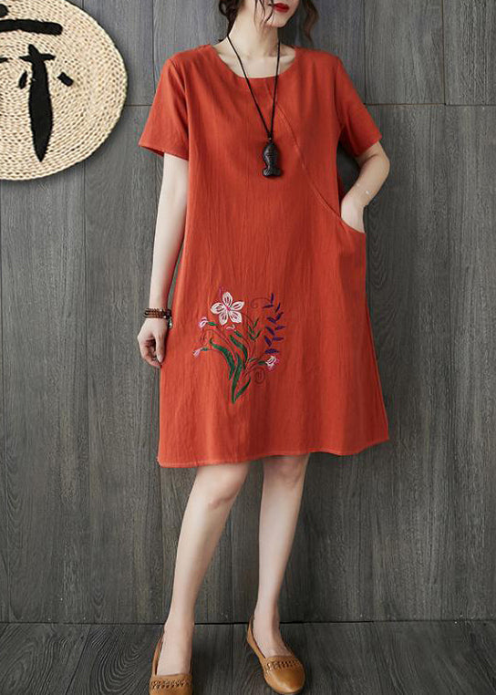 Orange O-neck Embroidered Pocket Linen Dresses Short Sleeve