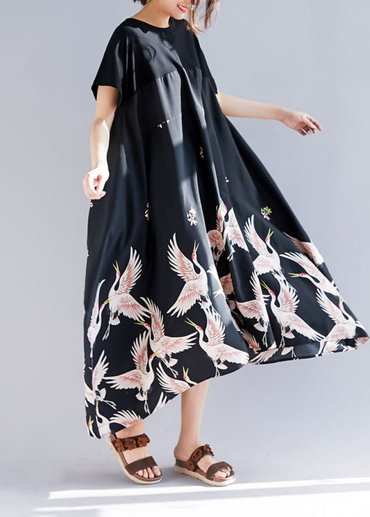 Loose Black Print Linen Clothes Shirts O Neck Asymmetric Long Summer Dress