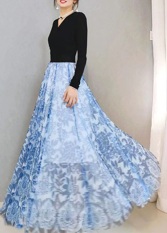 Blue Print High Waist Exra Large Hem Tulle Skirts Spring