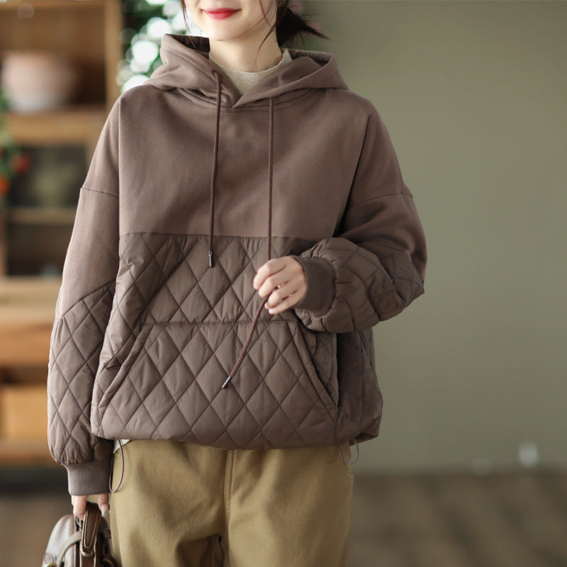 Loose Warm Patchwork Hooded Padded Sweatshirt