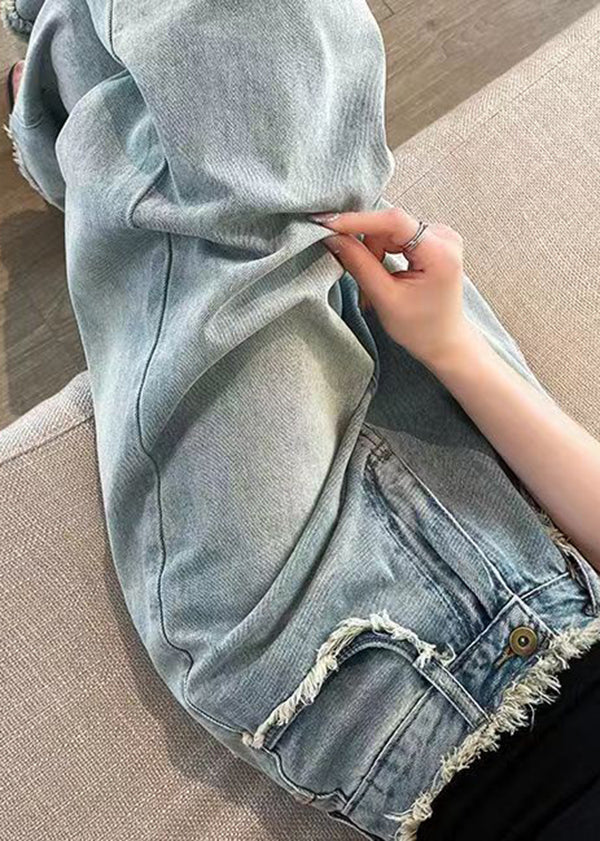 Blue Tasseled Pockets Denim Wide Leg Pants Spring