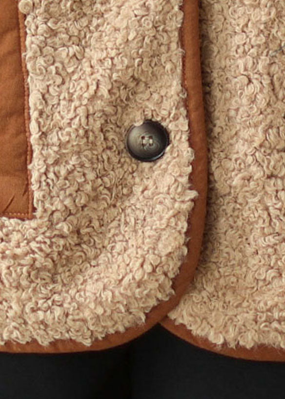 Khaki V Neck Patchwork Pockets Teddy Faux Fur Vest Tops Winter