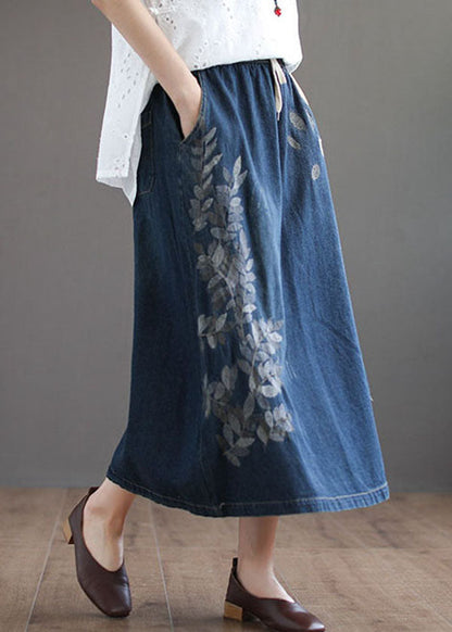 Dark Blue Pockets Cotton Denim Skirt Elastic Waist Ripped Cozy