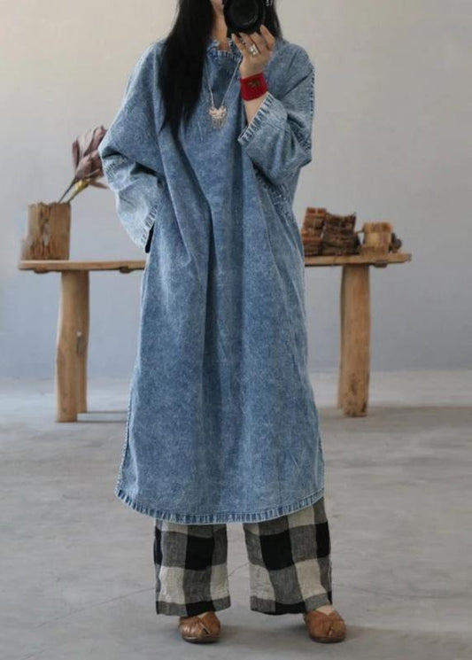 Cotton Dress Retro Color Frog Denim Blue Loose Dress