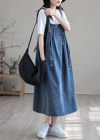 Blue Drawstring Pocket Spaghetti Strap Cotton Denim Dress