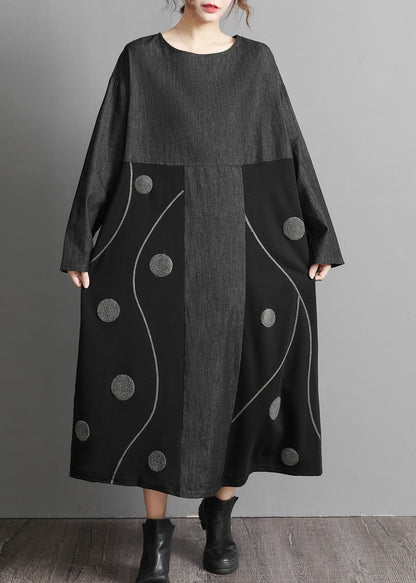 Black Pockets Patchwork Denim Maxi Dresses Embroideried