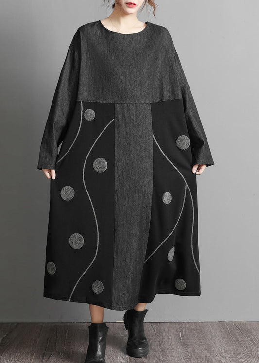 Black Pockets Patchwork Denim Maxi Dresses Embroideried
