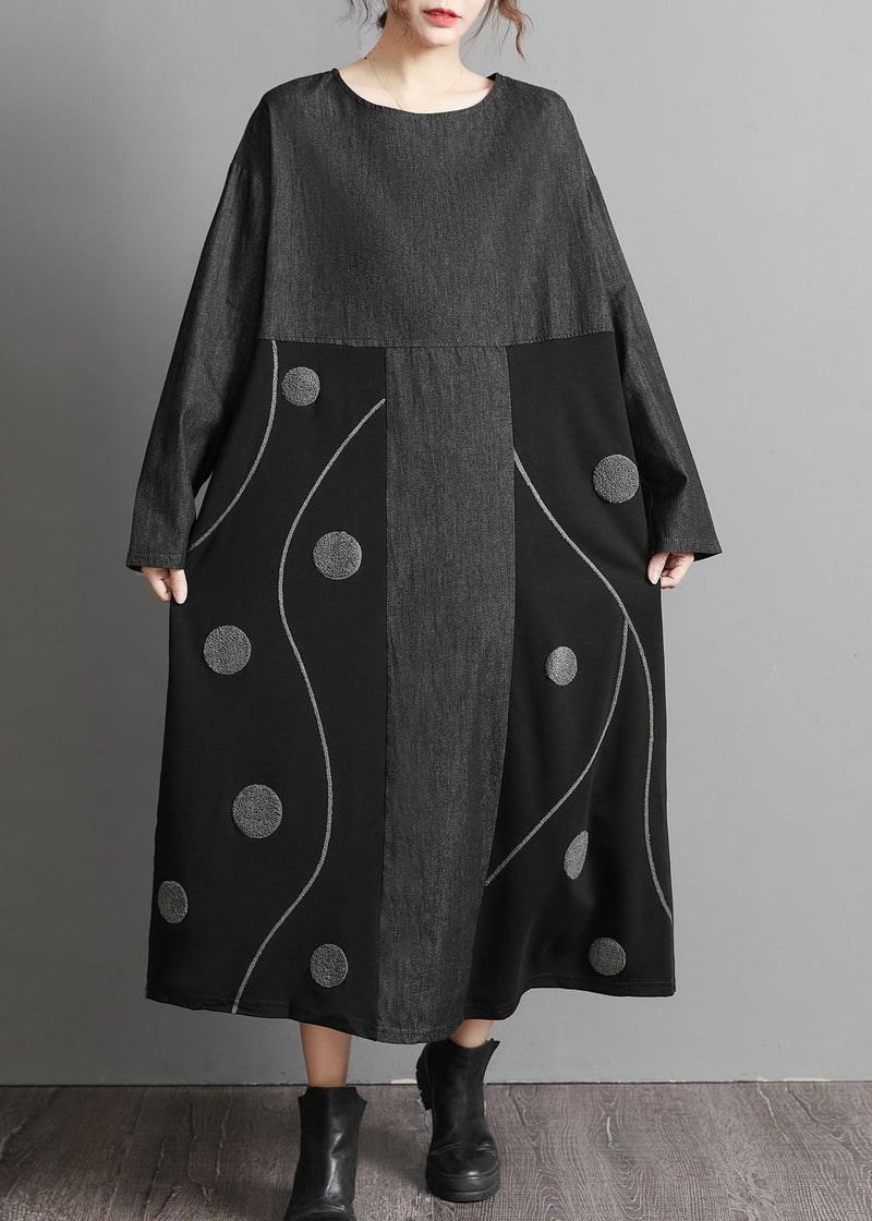 Black Pockets Patchwork Denim Maxi Dresses Embroideried