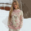 Comstylish Women's Cute White Cat Rose Pattern Cozy Knit Turtleneck Sweater