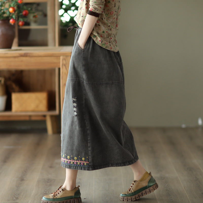 Embroidered Ripped Denim Slim A-line Skirt