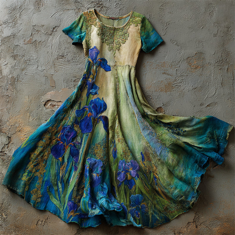 Oil Painting Irises Embroidered  Lace Flowy Linen Maxi Dress elevenforest