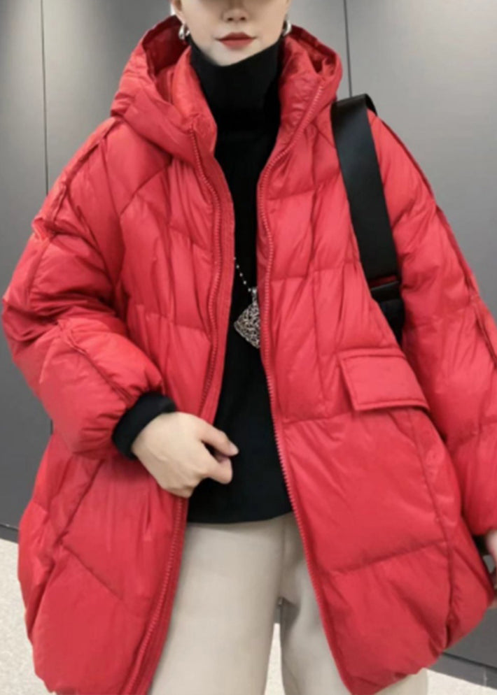 Orange Hooded Zippered Patchwork Duck Down Coat Long Sleeve