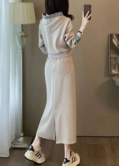 Hooded Print Sweatshirt and Skirts Cotton Two Pieces Set Long Sleeve