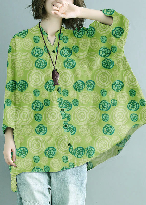 Navy Stand Collar Oversized Print Chiffon Top Batwing Sleeve