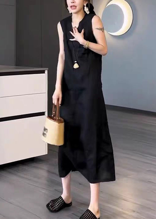 New Black V Neck Pockets Cotton Long Dress Sleeveless