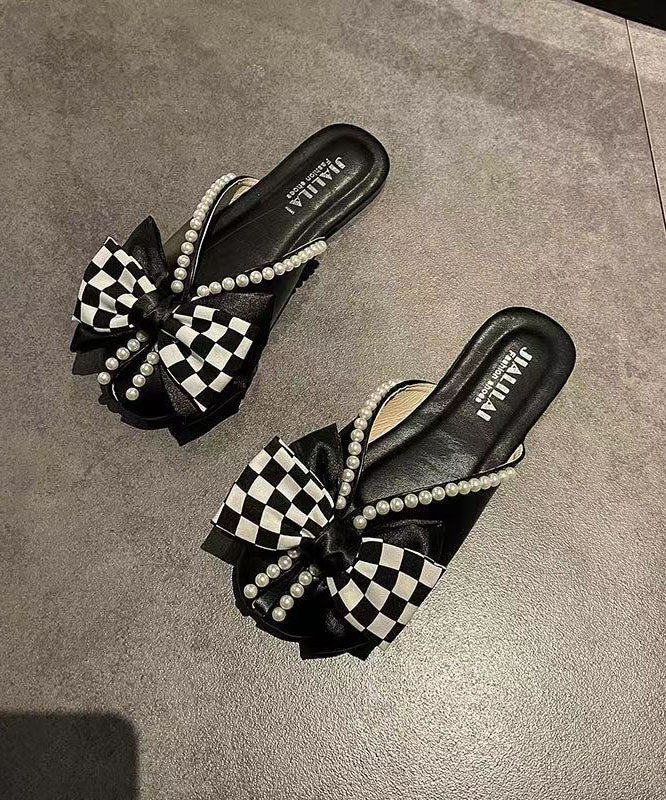 Slide Sandals Black Splicing Plaid Bow Nail Bead