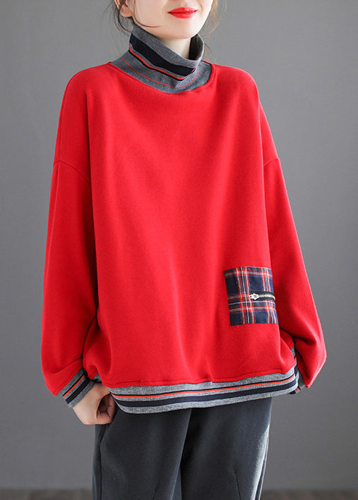 Red Striped Patchwork Warm Fleece Tops Fall