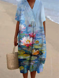 Elegant Oil Painting Flower Lotus Printed Women's Casual Cotton And Linen