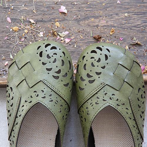 Hollow Out Plait Linen Insole Leather Flats Shoes