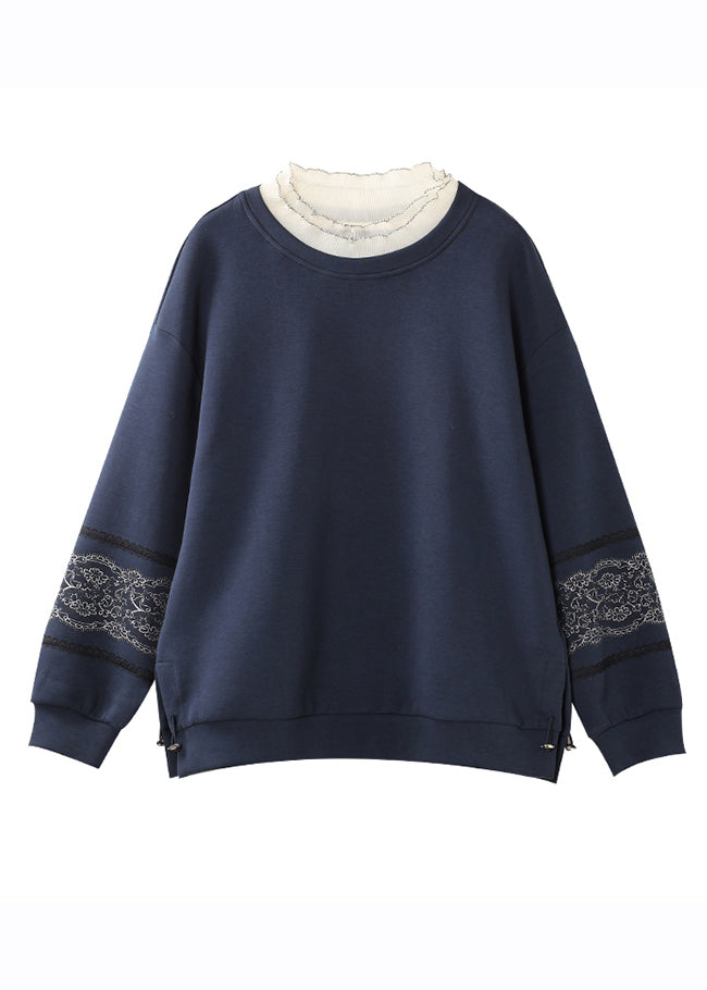 Loose Navy Blue O-neck Lace Patchwork Bright Silk Sweatshirts Long Sleeve