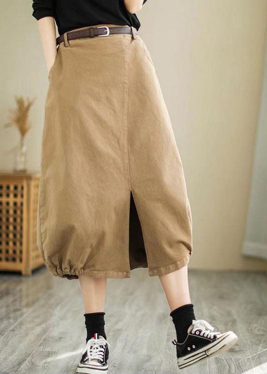 Khaki Side Open High Waist Cotton Skirt Spring