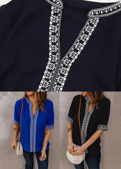 Royal Blue Embroidered Thin T Shirts Summer