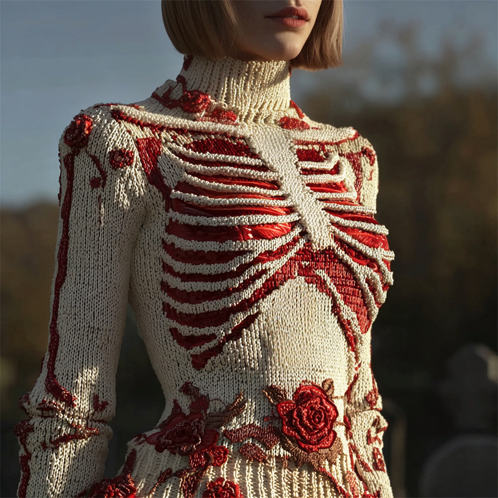 Comstylish Halloween Skeleton Floral Art Women's Knit Turtleneck Sweater