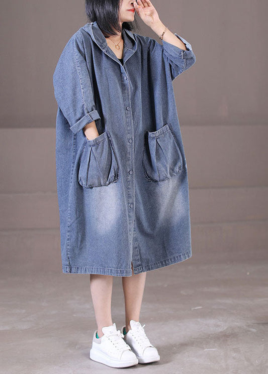 Denim Blue Hooded Pockets Cotton Long Dress Long Sleeve