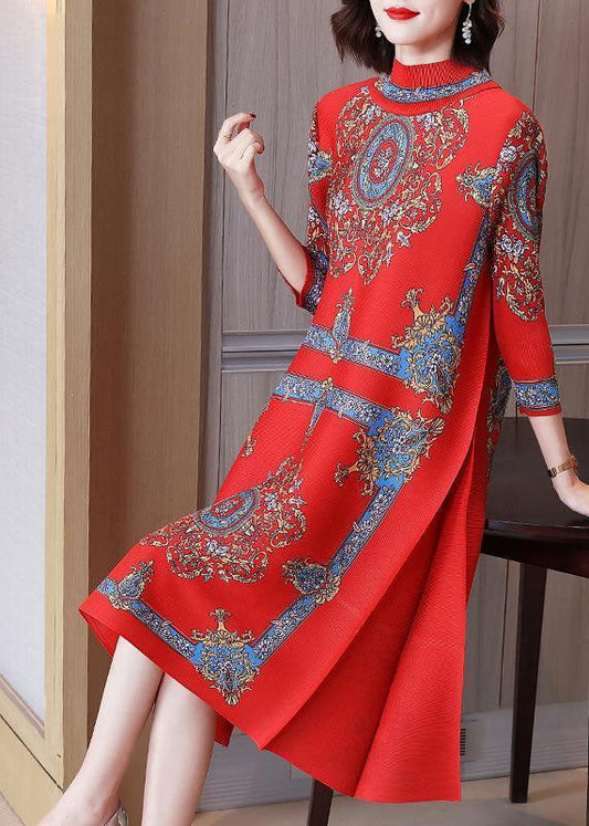 Red Stand Collar Wrinkled Print Silk Long Dresses Vestidos Bracelet Sleeve