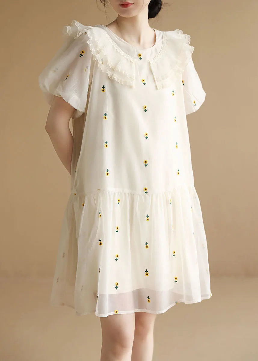 Italian White O-neck Embroideried Tulle Vacation Dresses Short Sleeve