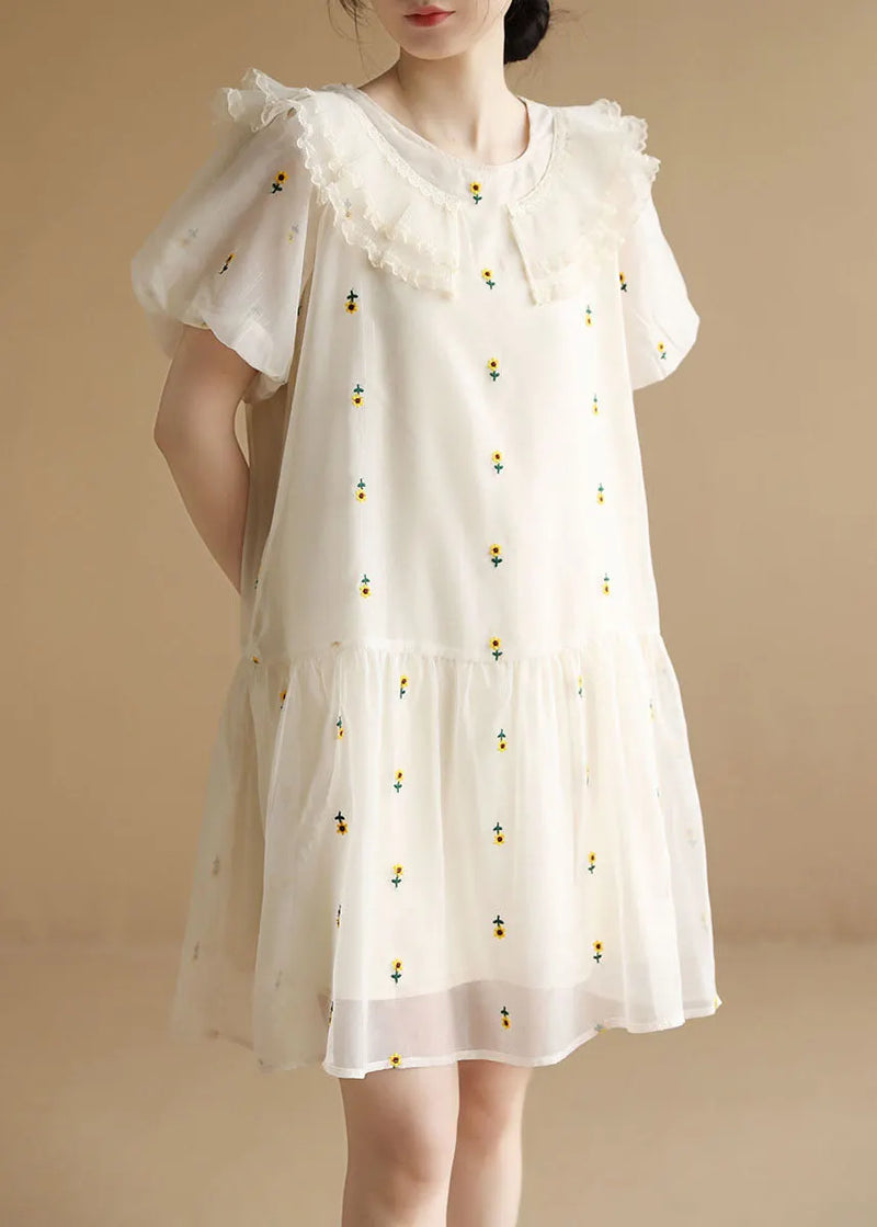 Italian White O-neck Embroideried Tulle Vacation Dresses Short Sleeve