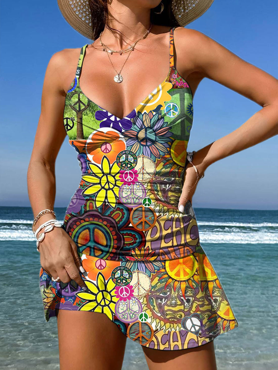 V-Neck Vacation Summer Retro Multicolor Hippie Flowers Art Print Suspender Skirt Tankini Pantskirt Set Swimsuit