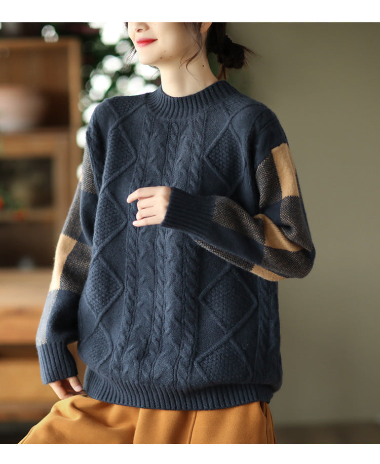 Retro Thick Jacquard Knit Color Block Three-dimensional Sweater