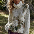 Comstylish Women's Vintage White Rose Knitted Warm Turtleneck Sweater