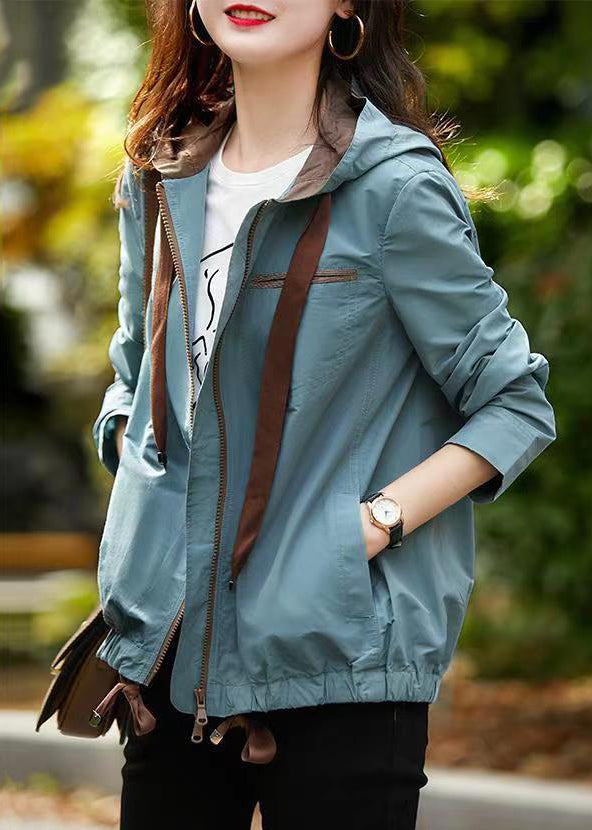 Blue Grey Hooded Zippered Pockets Cotton Coats Fall