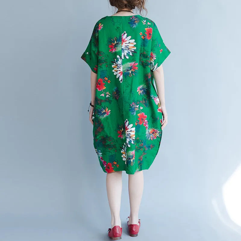 Fine Green Chiffon Dress Oversize Traveling Dress Boutique Short Sleeve Prints Chiffon Clothing Dresses