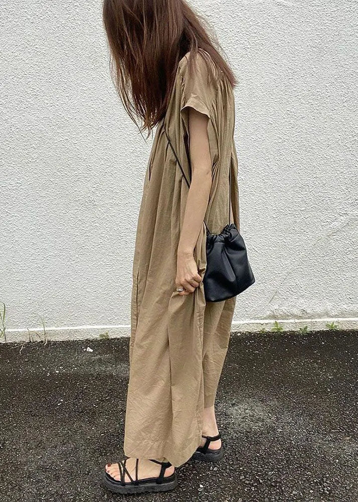 Diy Khaki Button Cotton Shirts Dresses Short Sleeve