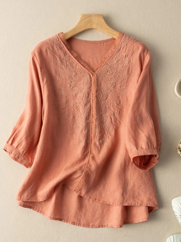 Embroidered V Neck 3/4 Sleeve Linen Tee Top