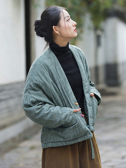 Winter Artsy Worn Button Pocket Linen Coat