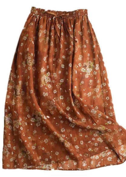 Red Drawstring Elastic Waist Print Chiffon Skirt Spring