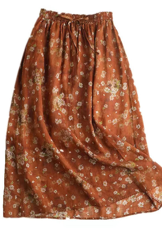 Red Drawstring Elastic Waist Print Chiffon Skirt Spring