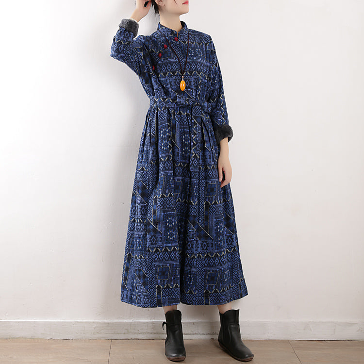 Winter Retro Print Cotton Linen Furred Dress