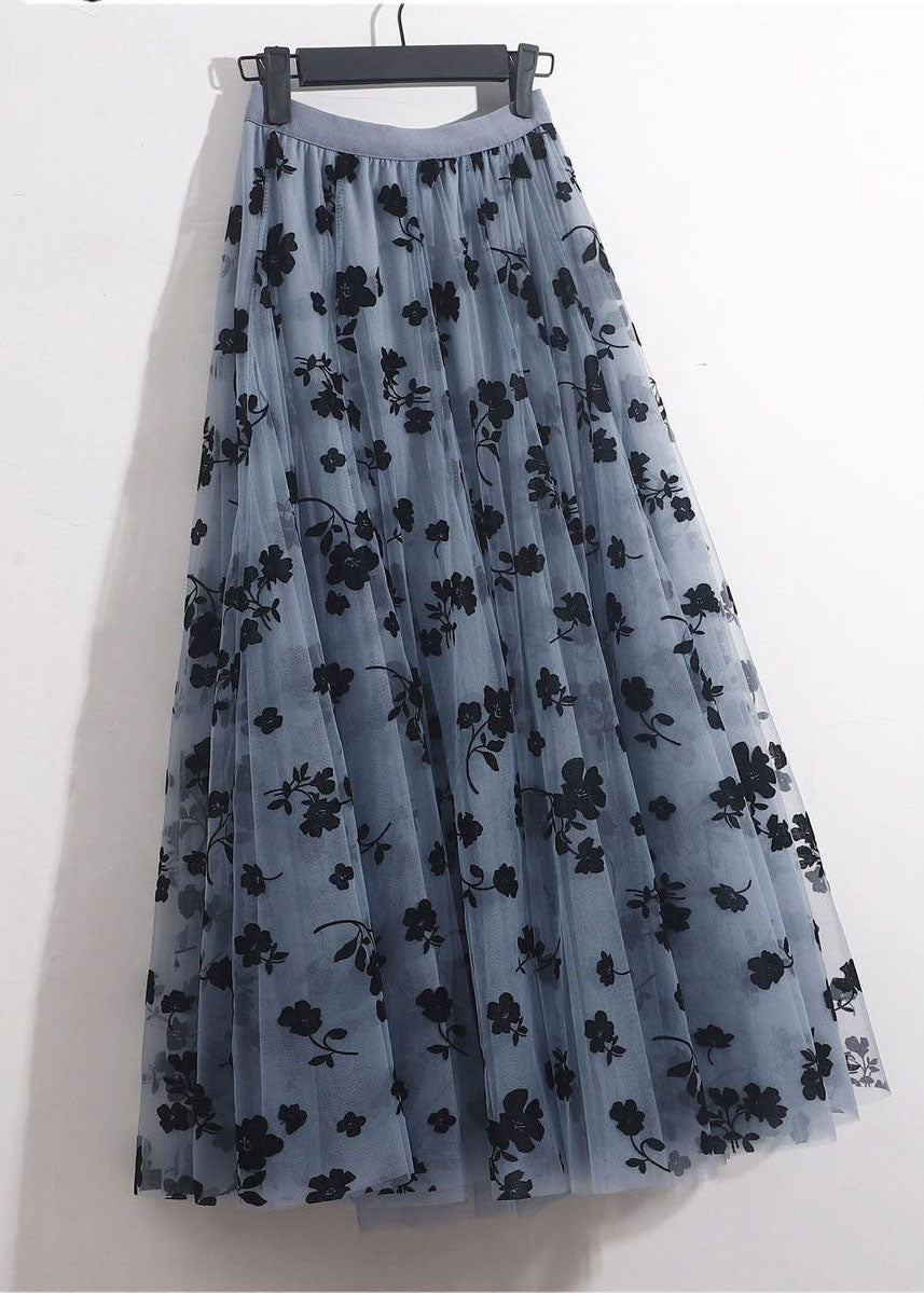 Blue Grey Elastic Waist Print Tulle a Line Skirts Spring