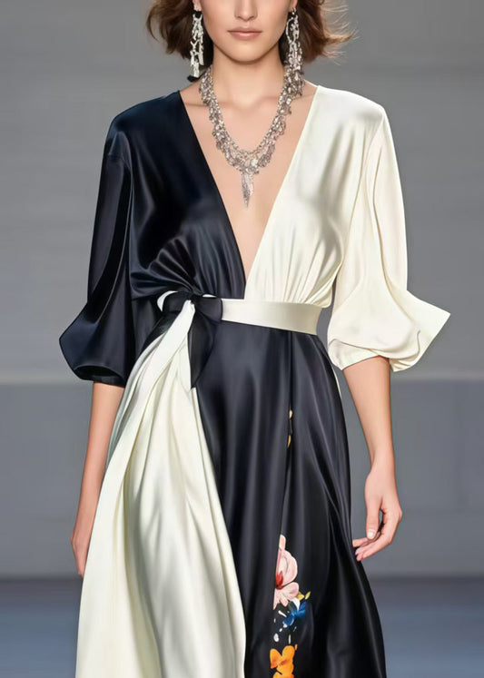 Black Asymmetrical Patchwork Print Silk Dress Spring