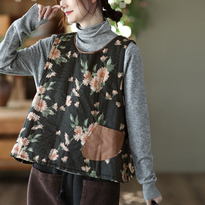 -print Cotton and Linen Quilted Vest