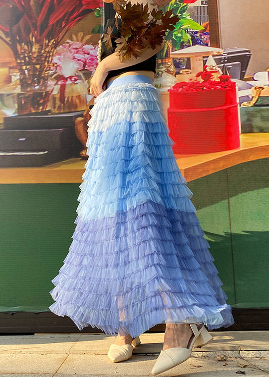 Fine Blue Patchwork Gradient Color Tulle Skirt Spring