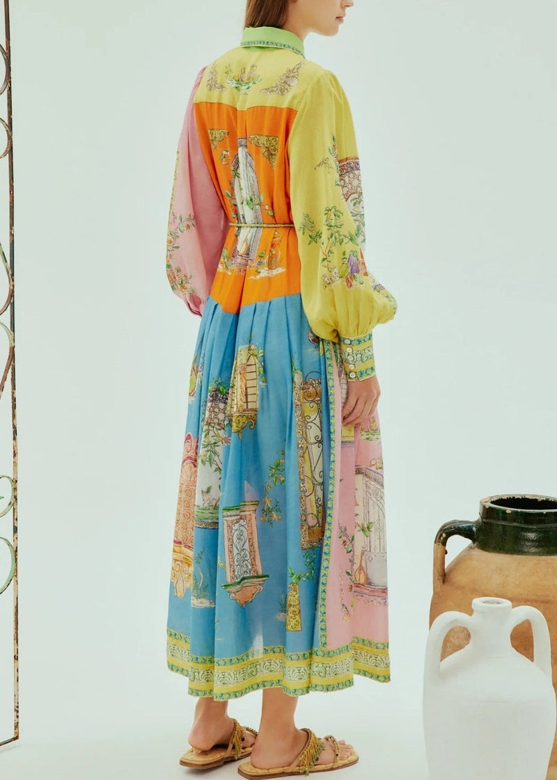 Lantern Sleeve Graffiti Printed Wrinkled Lace Up Dress