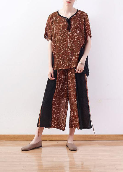 Khaki Two Pieces Chiffon Dotted Tops and Patchwork Wide Leg Pants