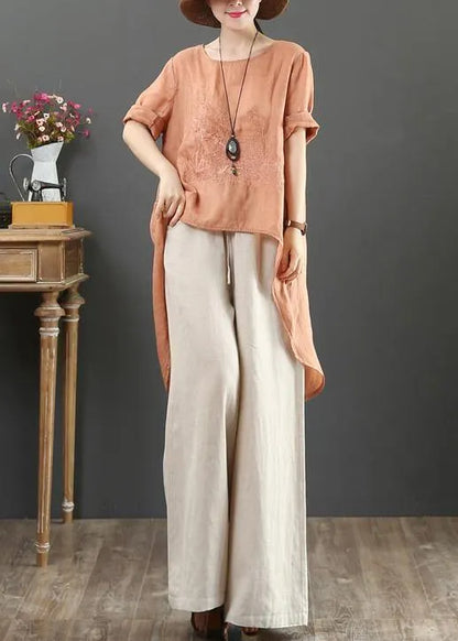 French O Neck Low High Design Cotton Blouse Orange Embroidery Short Shirt